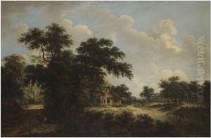 A Wooded Landscape With Figures Fording A Stream Near Acottage by Meindert Hobbema