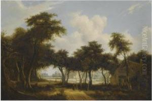 A Wooded Landscape With Figures On A Track In The Foreground by Meindert Hobbema