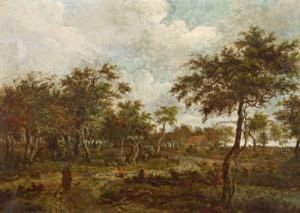 Bewaldete Landschaft Mit Einem Bauernhaus Und Figuren by Meindert Hobbema
