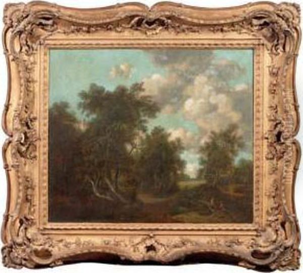 A Wooded Landscape With Travellers By A Pond, Cornfields Beyond - view 1