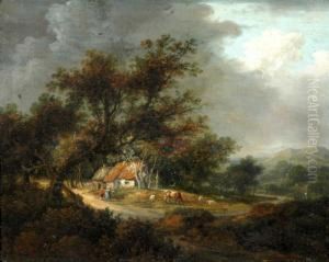 Figures Before A Cottage And Animals Nearby