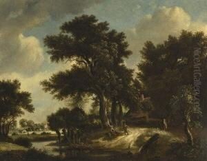 Baumlandschaft Mit Bauernhaus Am Wasser by Meindert Hobbema