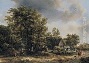 A Wooded Landscape With Travellers On A Track By A Cottage by Meindert Hobbema