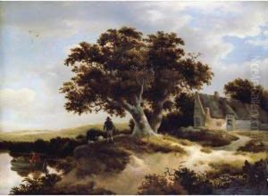 A Dune Landscape With A Drover
And His Sheep Beneath A Pondside Oak, A Cottage To The Right by Meindert Hobbema