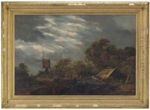 A River Landscape With A Boat In
 Stormy Waters With A Windmill, Fishermen And Figures On A Wooded Track by Meindert Hobbema