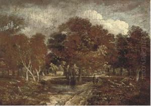 Children In A Wooded Landscape by Meindert Hobbema