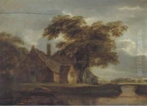 A Landscape With A Cottage And A Traveller By A River by Meindert Hobbema
