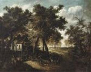 A Wooded Landscape With Travellers Approaching A Watermill by Meindert Hobbema