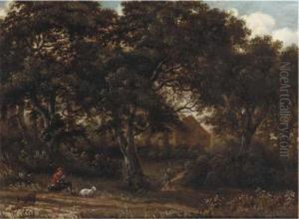 A Wooded Landscape With A
Herdsman Playing A Flute, A Traveller Ona Path Toward A House Beyond - view 1