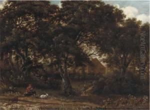 A Wooded Landscape With A
Herdsman Playing A Flute, A Traveller Ona Path Toward A House Beyond by Meindert Hobbema