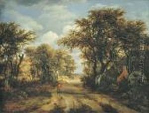 A Wooded Landscape With A Hunter And Other Figures On A Path by Meindert Hobbema