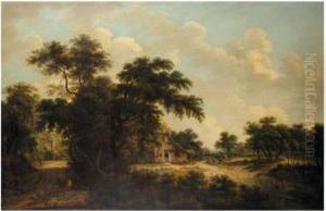A Wooded Landscape With A Farmhouse by Meindert Hobbema