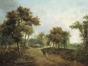 A Wooded Landscape With A Cottage And Figures On A Path by Meindert Hobbema