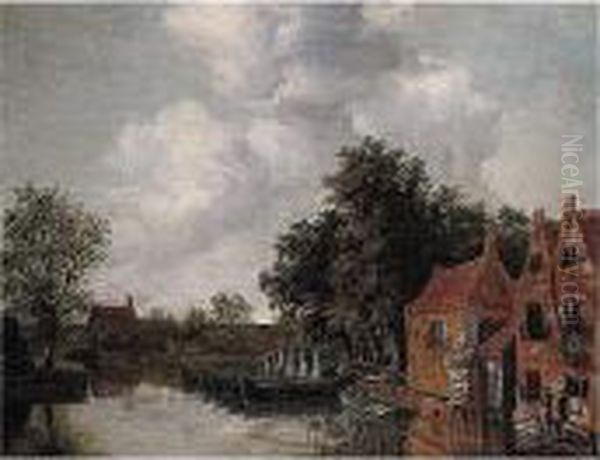 A Canal Landscape With Barges Moored By Houses - view 1