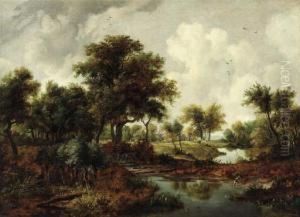 A Wooded River Landscape With A Man On Horseback And A Dog On The Bank A Wooded River Landscape With A Man On Horseback And A Dog On The Bank