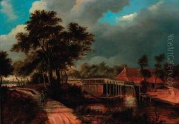 A Wooded River Landscape With A Watermill And Figures Walking Alonga Path - view 1