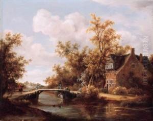 A View On A Farm By A Canal With Travellers On A Road By Abridge