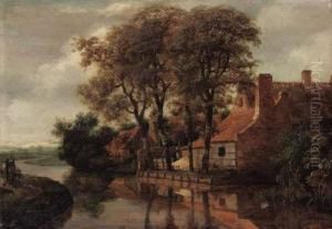 A River Landscape With A Mother And Child On A Path And A Farmsteadbeyond