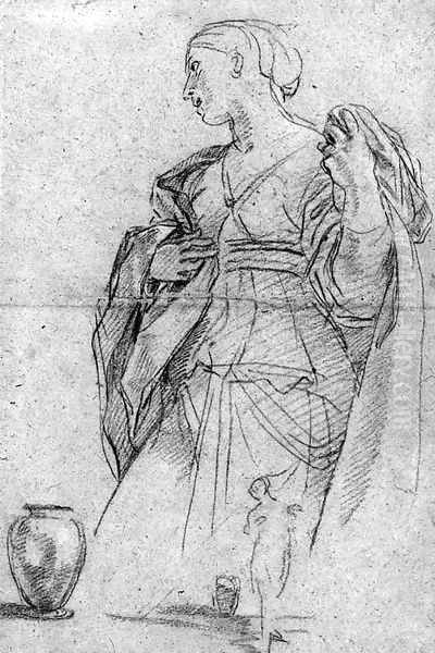A standing female figure, a jar at her feet, with a subsidiary study of the same Study for Rebecca at the Well - view 1