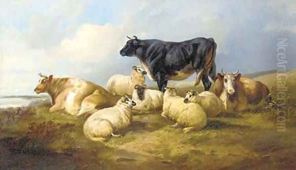 Sheep and cattle resting in a river landscape - view 1