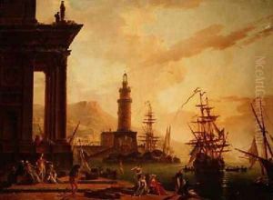Capriccio of a Mediterranean harbour with a Dutch frigate and other shipping