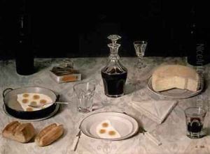 Still Life with Eggs Bread Cheese and Wine by Agostino Jose da Mota