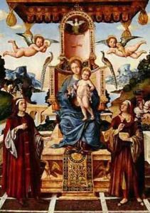 Virgin and Child Enthroned with Saints Cosmas and Damian with Saints Eustace and George in the background by Gian Francesco de Maineri