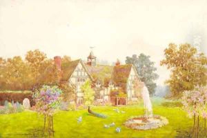 A country house with a peacock and doves on the lawn
