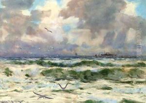 Gulls playing in the surf by Charles Mottram