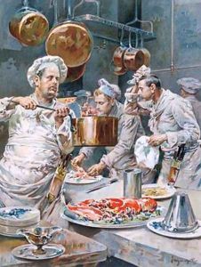 In the Kitchen preparations for Christmas Eve dinner in a Paris restaurant from LIllustration December 1893