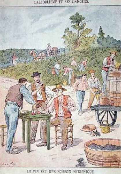 Wine is a Hygienic Drink peasants drinking after the vendange illustration from a childrens book on the dangers of alcoholism - view 1