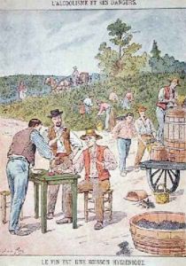 Wine is a Hygienic Drink peasants drinking after the vendange illustration from a childrens book on the dangers of alcoholism by Emile May