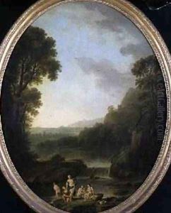 A wooded landscape with bathers by George Mullins