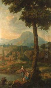 Italianate landscapes with figures and classical buildings by Isaac de Moucheron