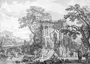 A classical landscape with a sacrifice offered to Pan in the ruins of a temple by Isaac de Moucheron