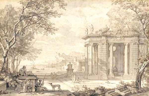 A terrace with classical buildings overlooking a port - view 1
