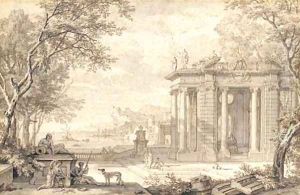 A terrace with classical buildings overlooking a port