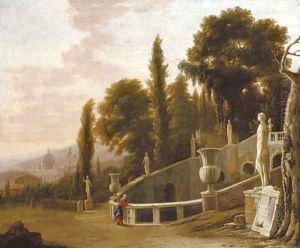 Figures by a fountain with a view of Saint Peter's beyond