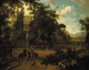 The gardens of a renaissance palace with elegant company, horses and grooms by Isaac de Moucheron