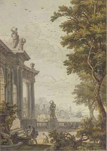 A classical gateway with a man and his dog at a fountain, a port and mountains beyond by Isaac de Moucheron