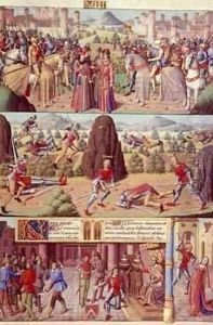 Harley 4375 fol123 Scenes from the life of Horatius Chapter 1 Book VIII of Les faits et les dis des romains et de autres gens or Memorabilia