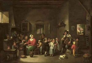An interior with a hurdy-gurdy player making music, children listening and eating pancakes An interior with a hurdy-gurdy player making music, children listening and eating pancakes
