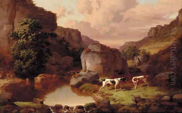 Pointers with a huntsman in a rocky river landscape - view 1