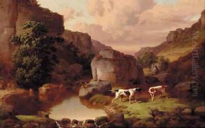 Pointers with a huntsman in a rocky river landscape