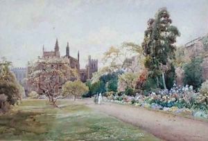 The long walk and flower border in May New College Oxford 1918 by William Matthison