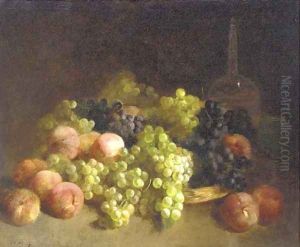 Peaches, white grapes, black grapes, a glass and a decanter