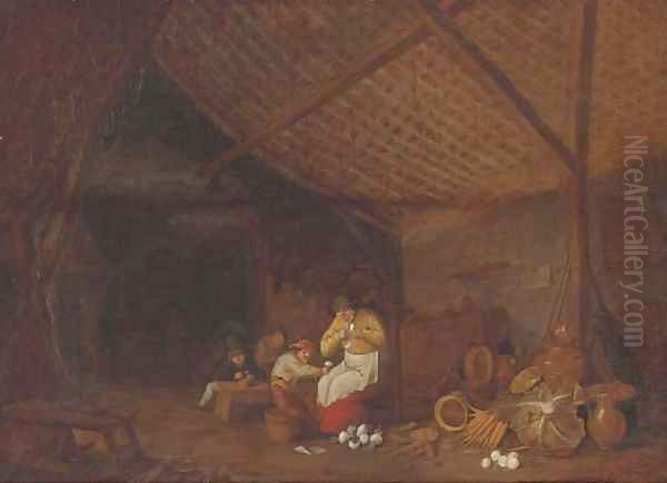 A barn interior with a woman and children peeling onions, earthenware pots, carrots, onions and a cabbage nearby - view 1