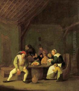 A peasant family in a barn by Bartholomeus Molenaer