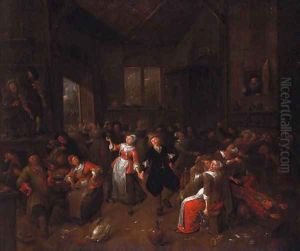 Peasants merrymaking in a barn by Bartholomeus Molenaer