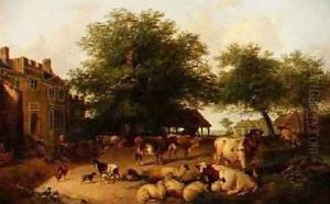 Farmyard scene by Antonius Josephus Madlener